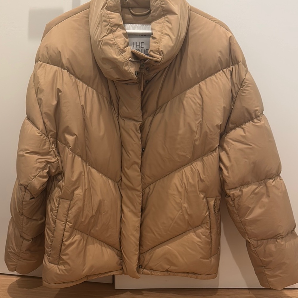 Aritzia Tan Puffer Jacket with High Collar and Chevron Stitching